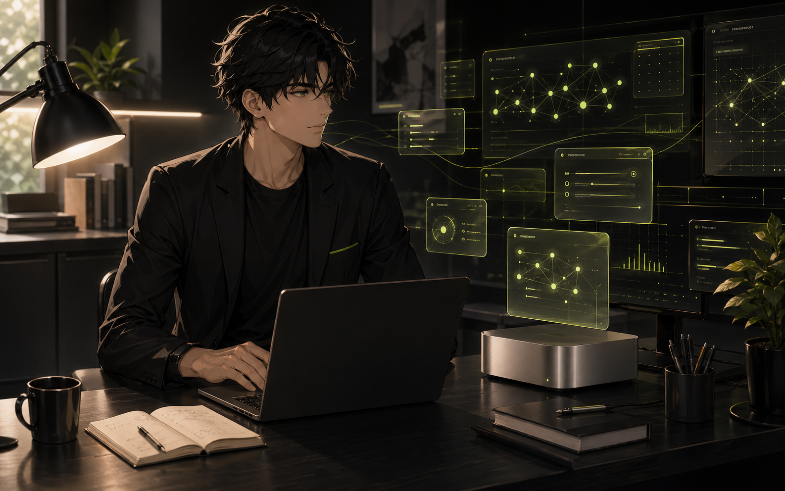 Dale working at a laptop inside a dark command-center workflow environment