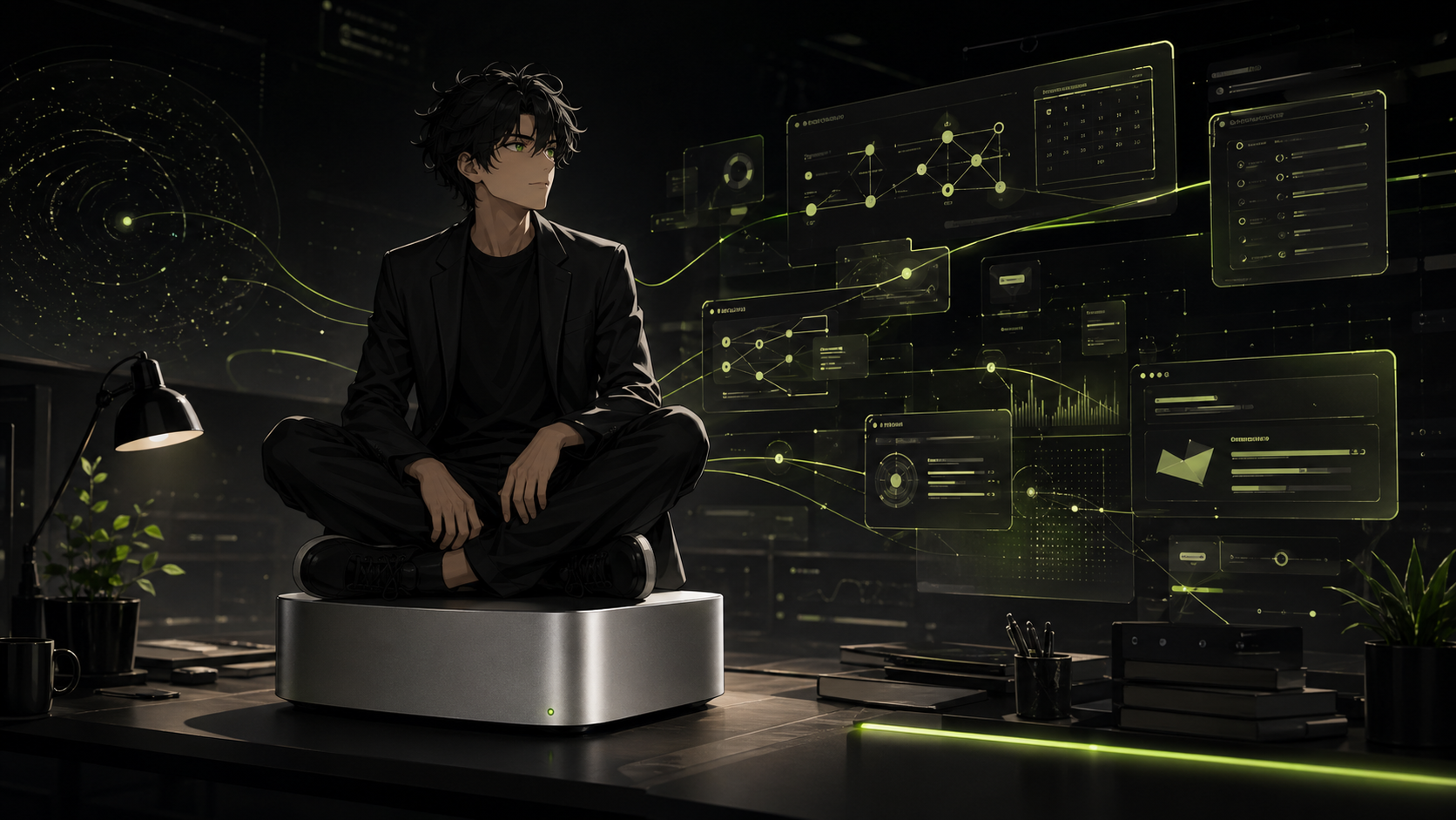 Dale, an anime-style AI agent sitting cross-legged on an unbranded compact computer inside a dark command-center workflow environment