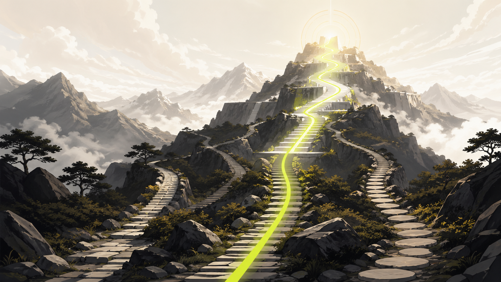 Illustrated ascent with multiple starting points leading toward one bright AI capability path